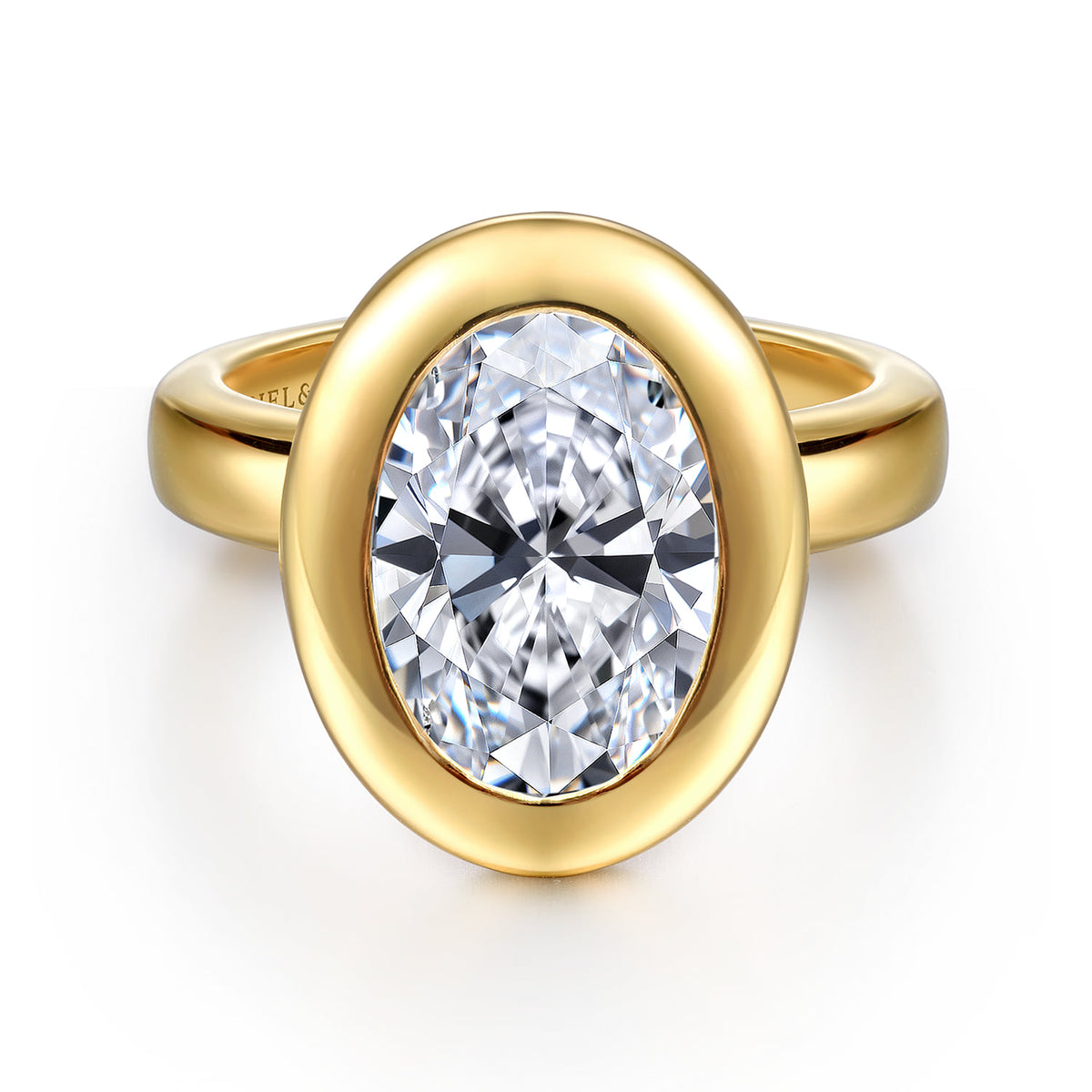 14K Yellow Gold Bezel Set Oval Diamond Engagement Ring — Gabriel & Co. ER16710O16Y4JJJ; center stone shown for illustration, not included
