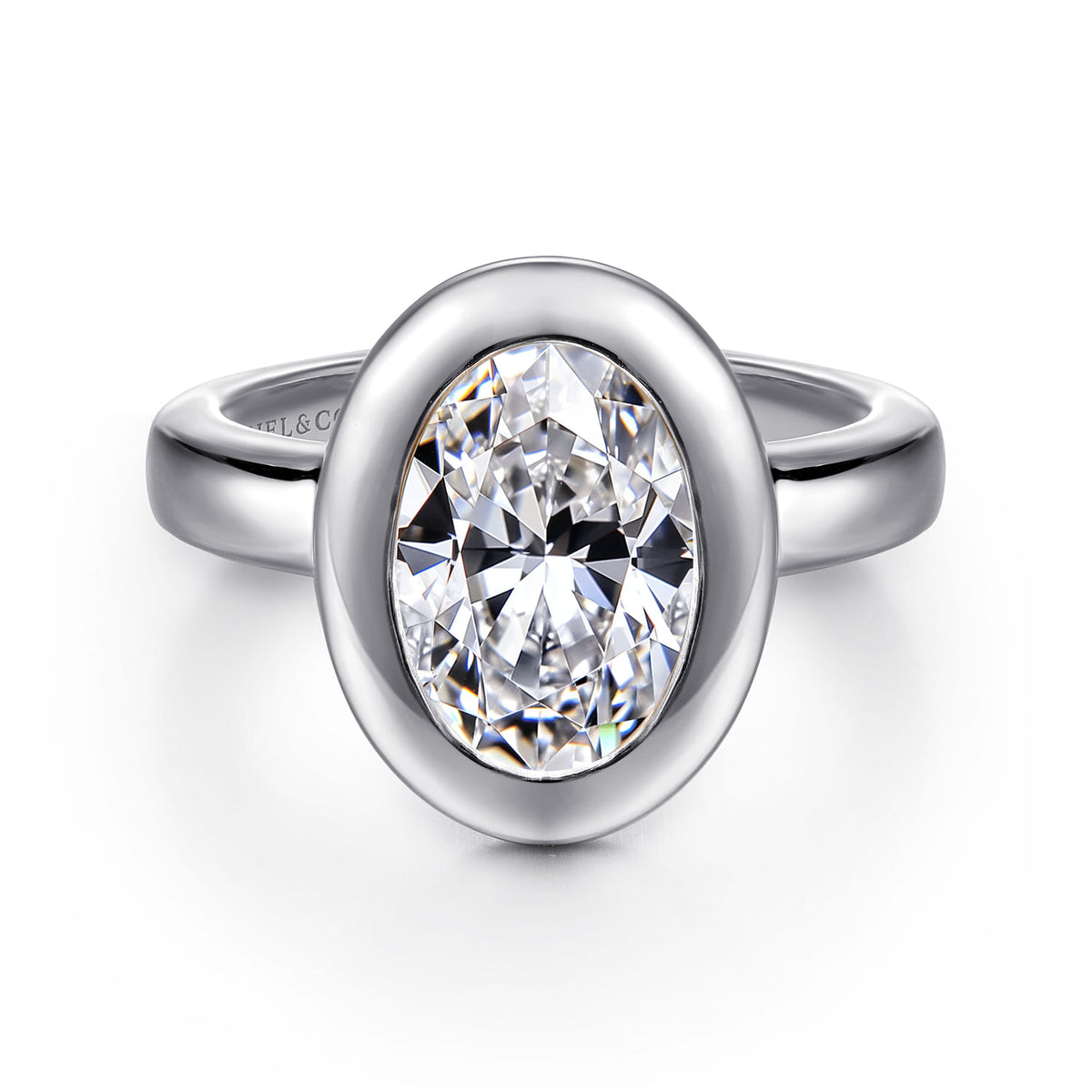 14K White Gold Bezel Set Oval Diamond Engagement Ring — Gabriel & Co. ER16710O8W4JJJ; center stone shown for illustration, not included