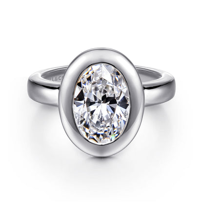 14K White Gold Bezel Set Oval Diamond Engagement Ring — Gabriel & Co. ER16710O8W4JJJ; center stone shown for illustration, not included