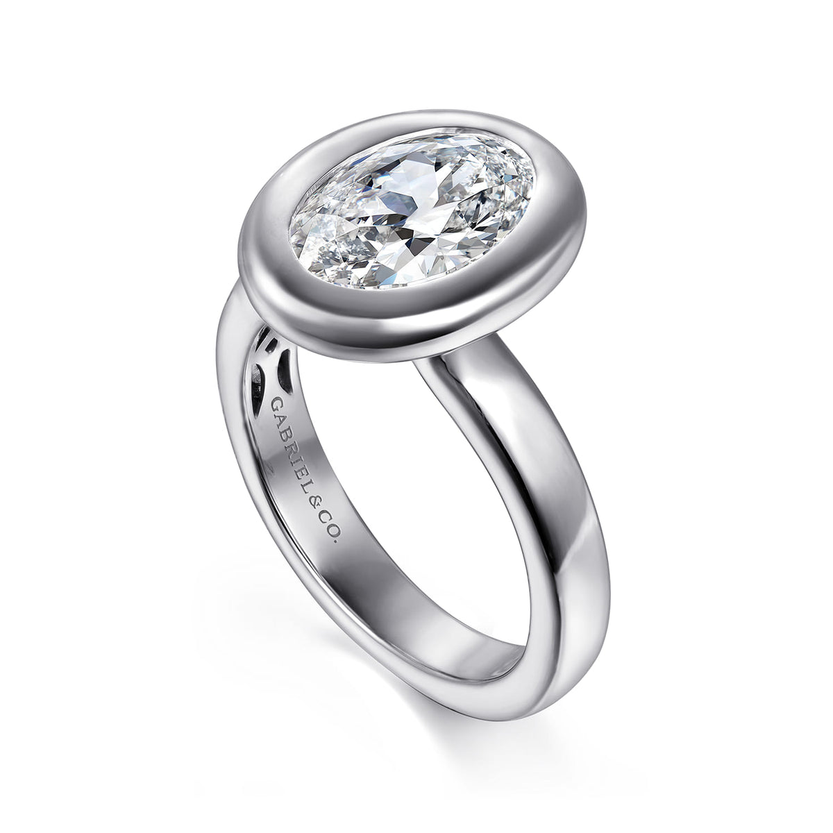 14K White Gold Bezel Set Oval Diamond Engagement Ring — Gabriel & Co. ER16710O8W4JJJ; center stone shown for illustration, not included