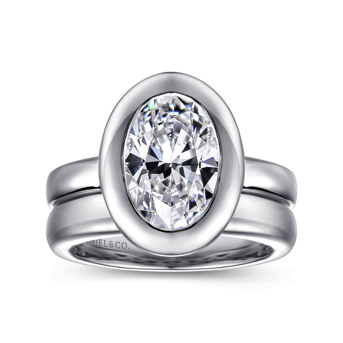 14K White Gold Bezel Set Oval Diamond Engagement Ring — Gabriel & Co. ER16710O8W4JJJ; center stone shown for illustration, not included