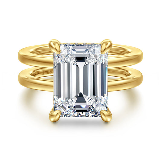 14K Yellow Gold Split Shank Emerald Cut Diamond Engagement Ring — Gabriel & Co. ER16711E20Y44JJ; center stone shown for illustration, not included
