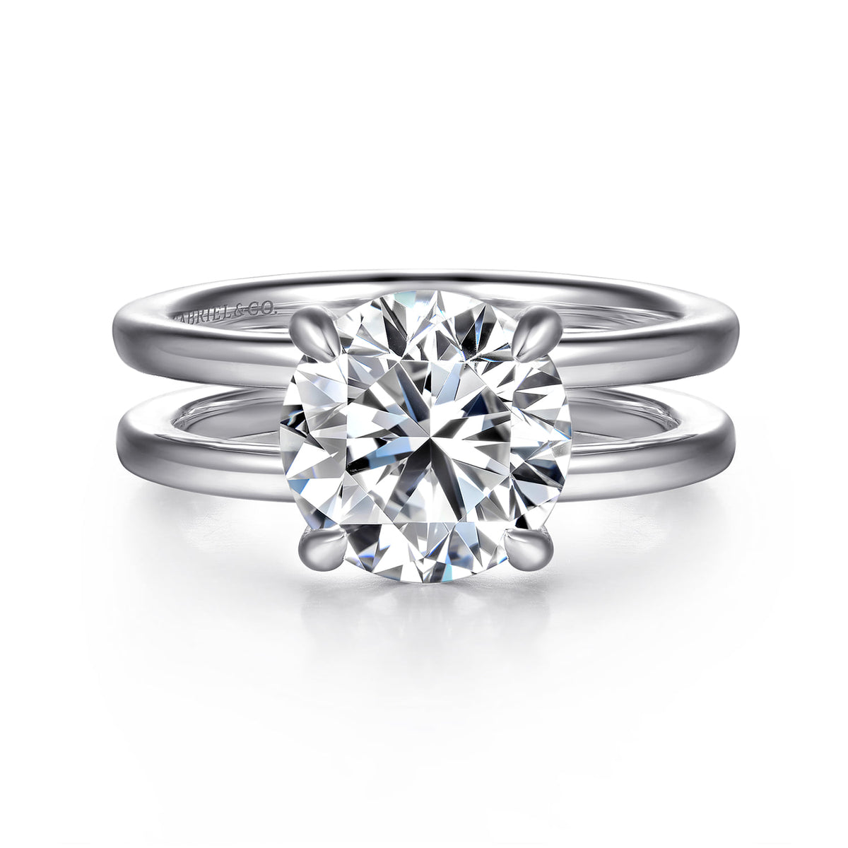 14K White Gold Split Shank Round Diamond Engagement Ring — Gabriel & Co. ER16711R12W44JJ; center stone shown for illustration, not included