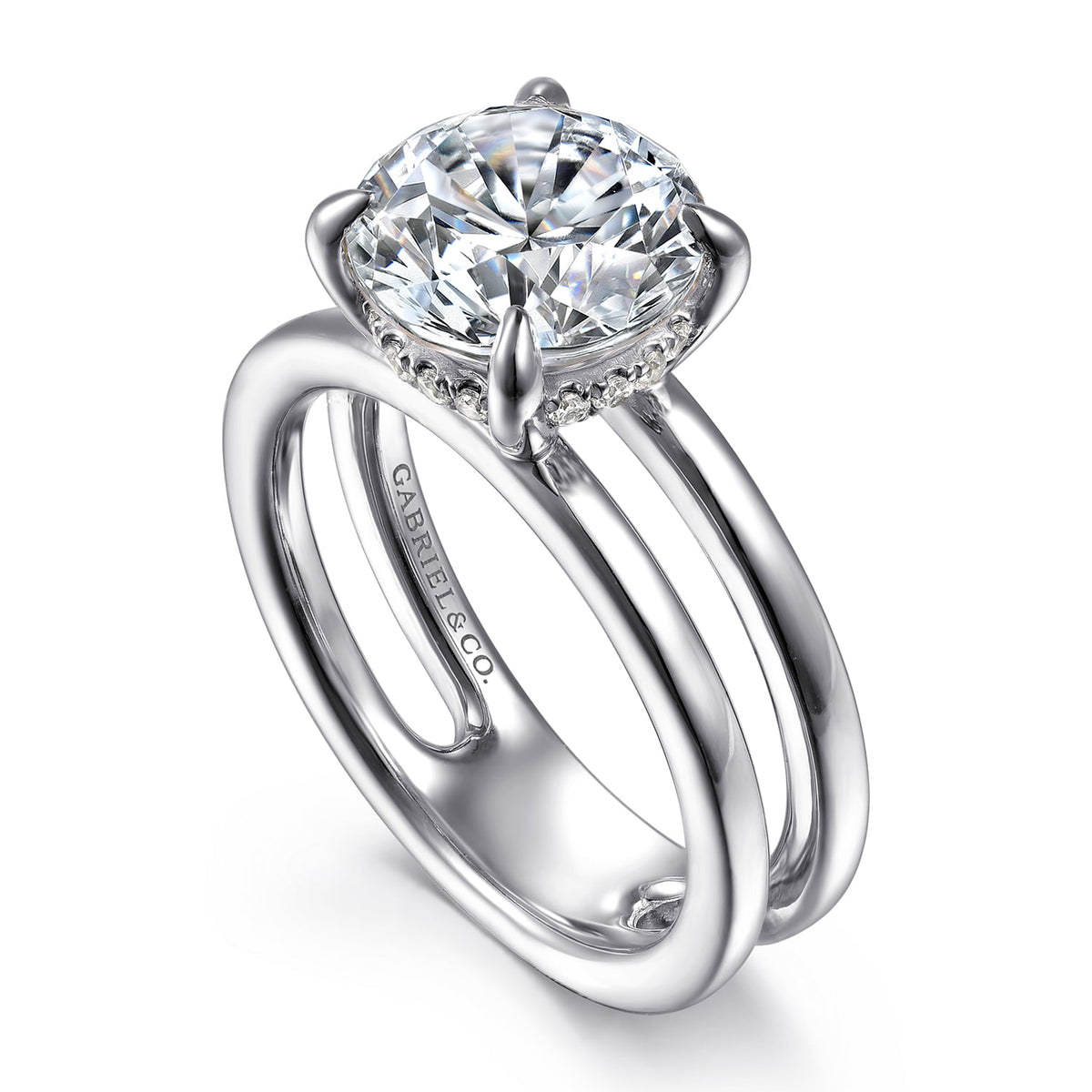 14K White Gold Split Shank Round Diamond Engagement Ring — Gabriel & Co. ER16711R12W44JJ; center stone shown for illustration, not included