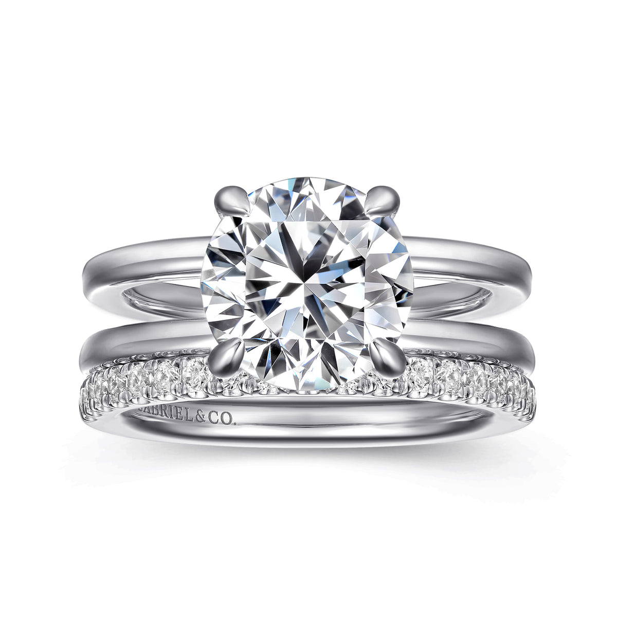 14K White Gold Split Shank Round Diamond Engagement Ring — Gabriel & Co. ER16711R12W44JJ; center stone shown for illustration, not included