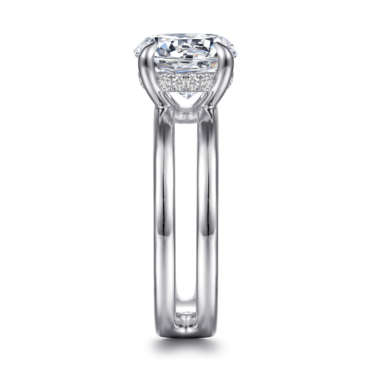 14K White Gold Split Shank Round Diamond Engagement Ring — Gabriel & Co. ER16711R12W44JJ; center stone shown for illustration, not included