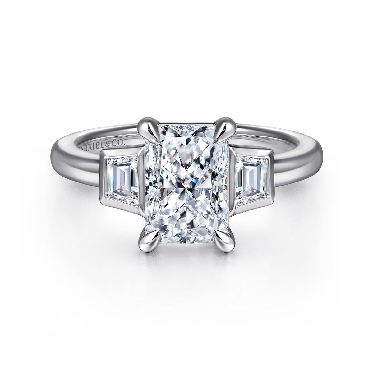 14K White Gold Radiant Cut Three Stone Diamond Engagement Ring — Gabriel & Co. ER16715N8W43JJ; center stone shown for illustration, not included
