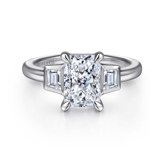 14K White Gold Radiant Cut Three Stone Diamond Engagement Ring — Gabriel & Co. ER16715N8W43JJ; center stone shown for illustration, not included