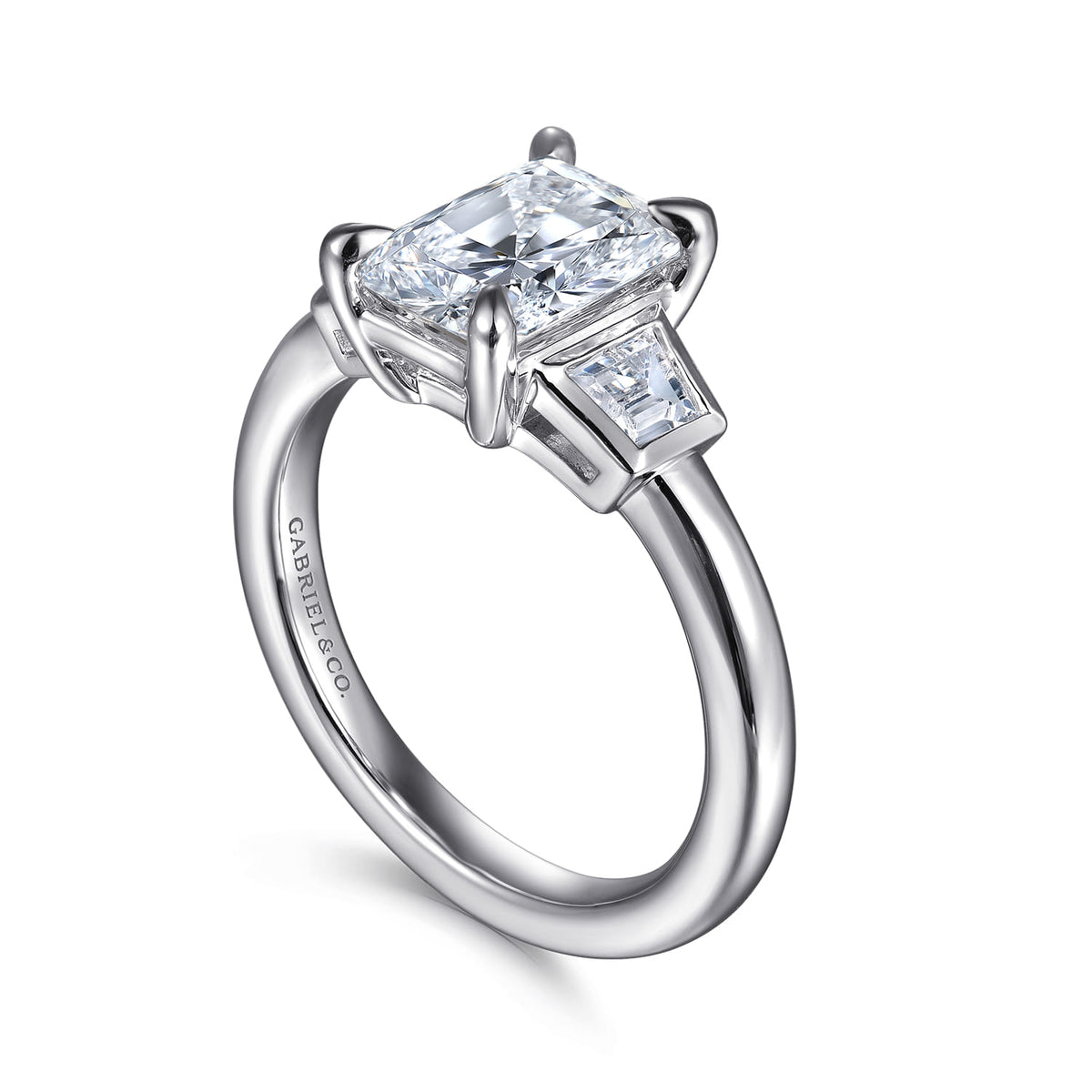 14K White Gold Radiant Cut Three Stone Diamond Engagement Ring — Gabriel & Co. ER16715N8W43JJ; center stone shown for illustration, not included