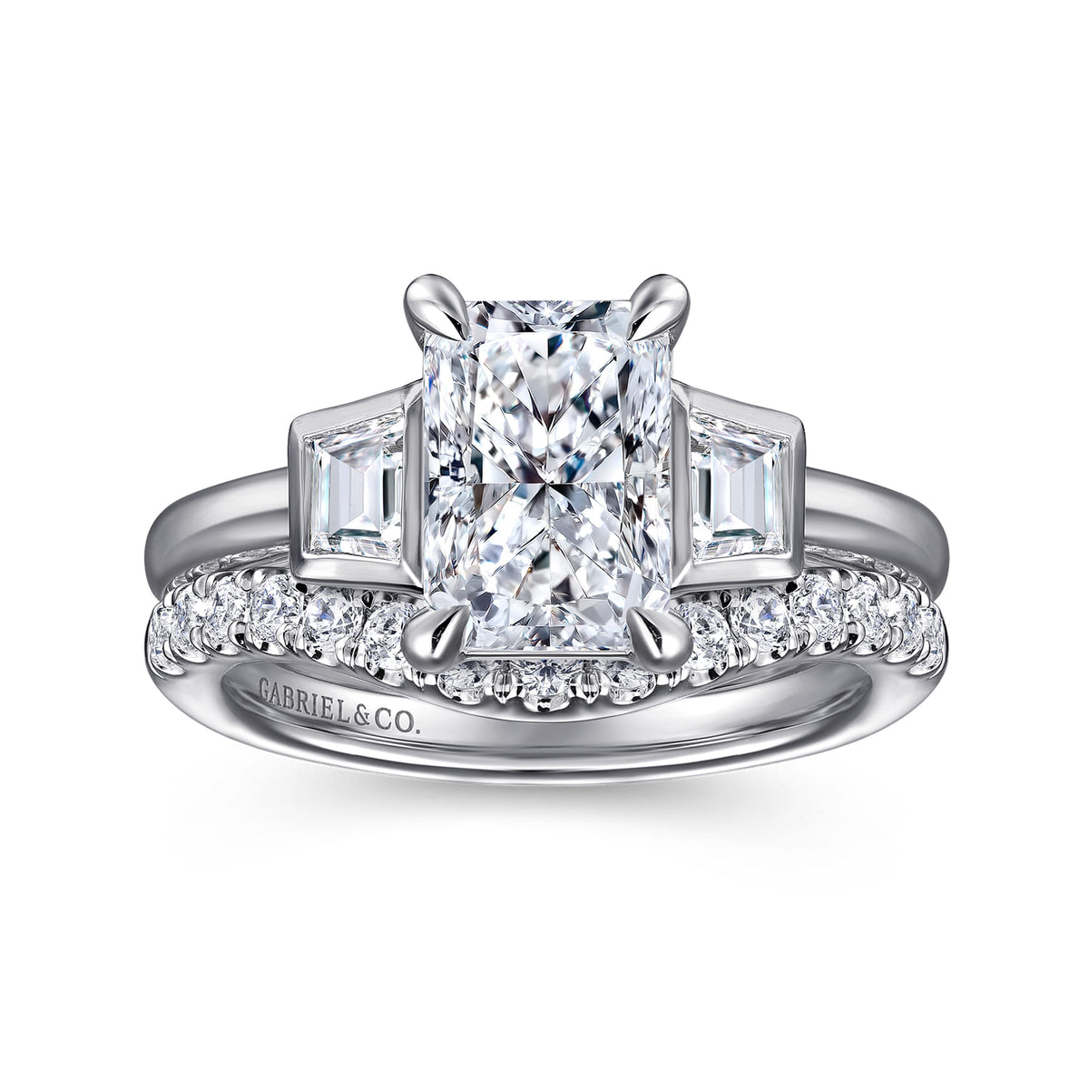 14K White Gold Radiant Cut Three Stone Diamond Engagement Ring — Gabriel & Co. ER16715N8W43JJ; center stone shown for illustration, not included