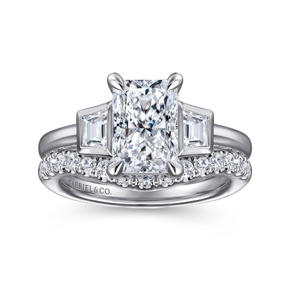 14K White Gold Radiant Cut Three Stone Diamond Engagement Ring — Gabriel & Co. ER16715N8W43JJ; center stone shown for illustration, not included