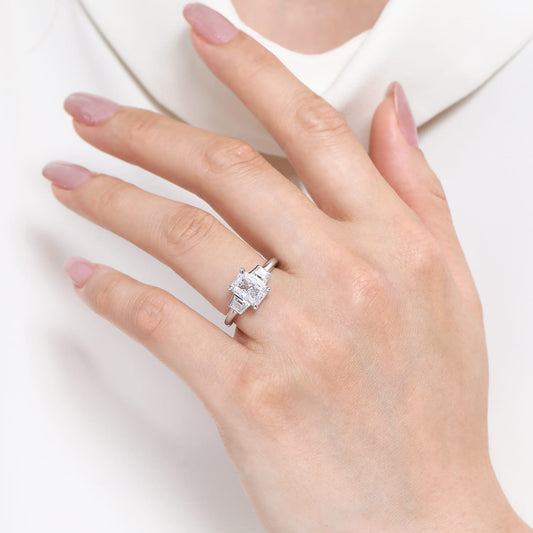 14K White Gold Radiant Cut Three Stone Diamond Engagement Ring — Gabriel & Co. ER16715N8W43JJ; center stone shown for illustration, not included