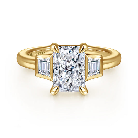 14K Yellow Gold Radiant Cut Three Stone Diamond Engagement Ring — Gabriel & Co. ER16715N8Y43JJ; center stone shown for illustration, not included