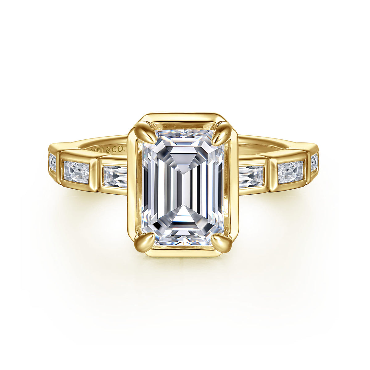 14K Yellow Gold Bezel Prong Emerald Cut Diamond Engagement Ring — Gabriel & Co. ER16722E8Y43JJ; center stone shown for illustration, not included