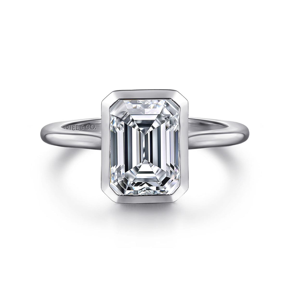 14K White Gold Emerald Cut Bezel Set Solitaire Diamond Engagement Ring — Gabriel & Co. ER16728E8W4JJJ; center stone shown for illustration, not included