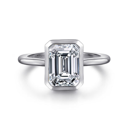 14K White Gold Emerald Cut Bezel Set Solitaire Diamond Engagement Ring — Gabriel & Co. ER16728E8W4JJJ; center stone shown for illustration, not included