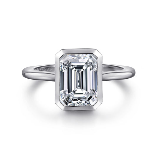 14K White Gold Emerald Cut Bezel Set Solitaire Diamond Engagement Ring — Gabriel & Co. ER16728E8W4JJJ; center stone shown for illustration, not included