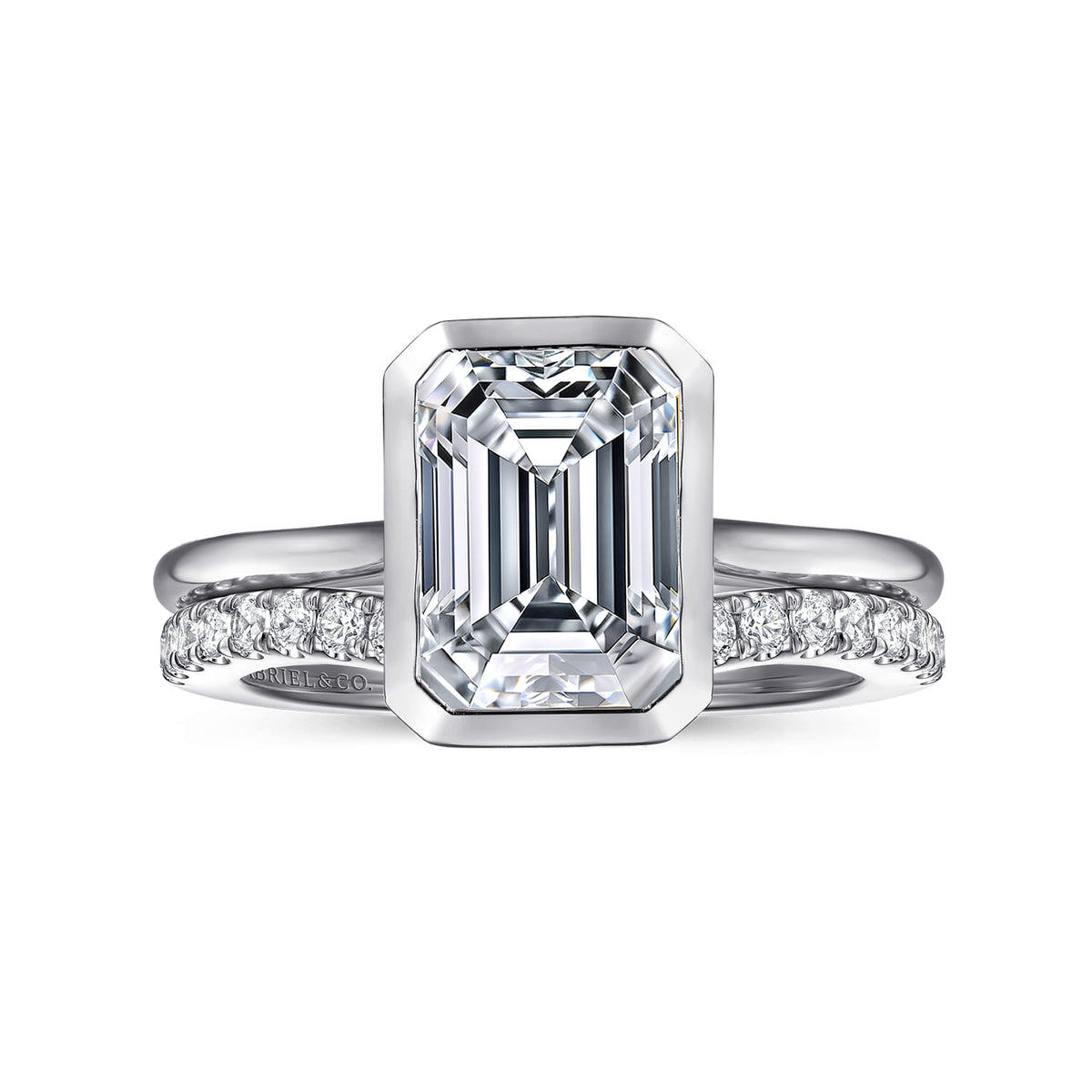 14K White Gold Emerald Cut Bezel Set Solitaire Diamond Engagement Ring — Gabriel & Co. ER16728E8W4JJJ; center stone shown for illustration, not included