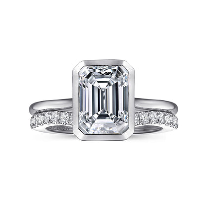 14K White Gold Emerald Cut Bezel Set Solitaire Diamond Engagement Ring — Gabriel & Co. ER16728E8W4JJJ; center stone shown for illustration, not included