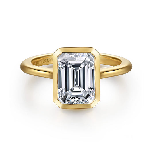 14K Yellow Gold Bezel Set Emerald Cut Solitaire Diamond Engagement Ring — Gabriel & Co. ER16728E8Y4JJJ; center stone shown for illustration, not included