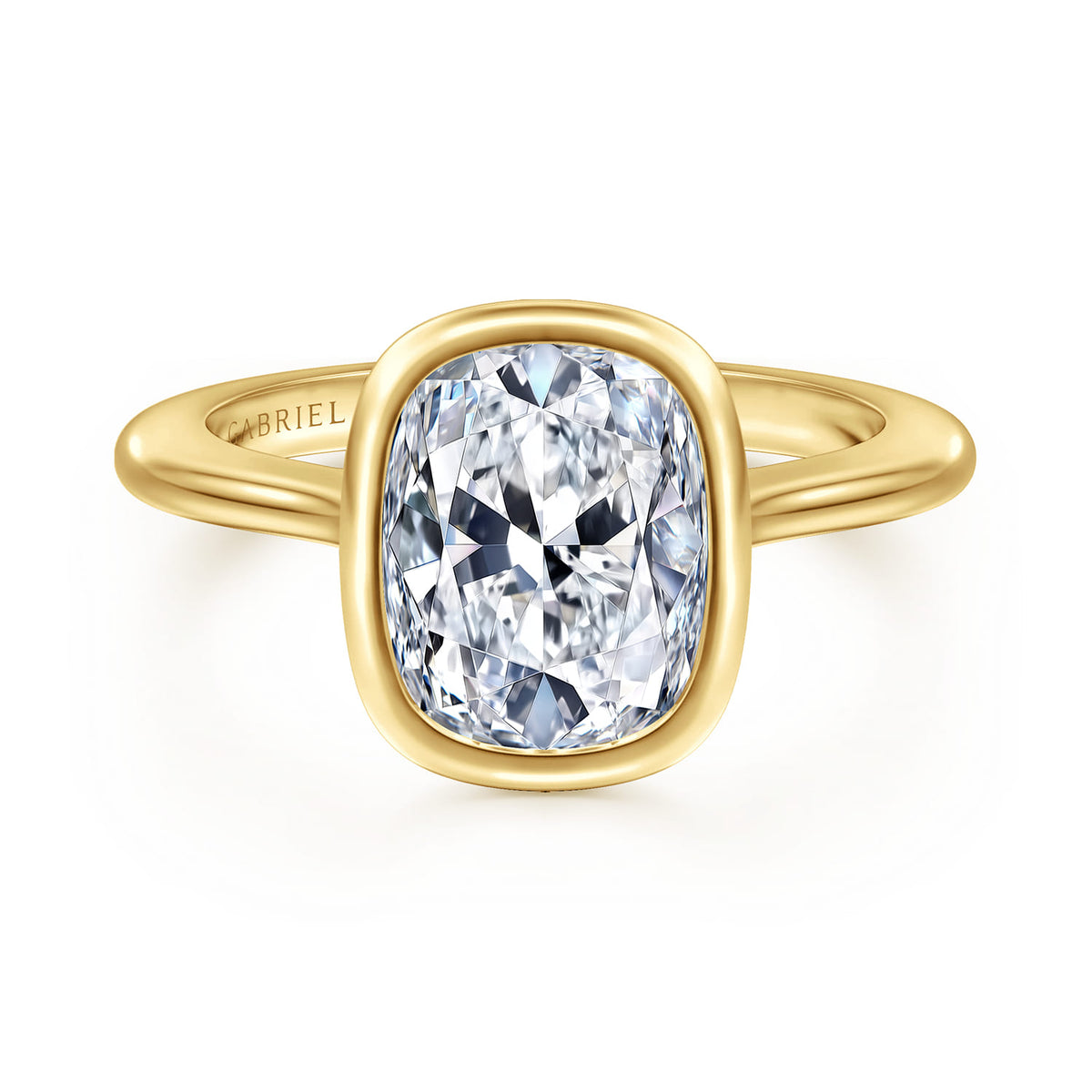 14K Yellow Gold Elongated Cushion Bezel Set Solitaire Diamond Engagement Ring — Gabriel & Co. ER16728G12Y4JJJ; center stone shown for illustration, not included