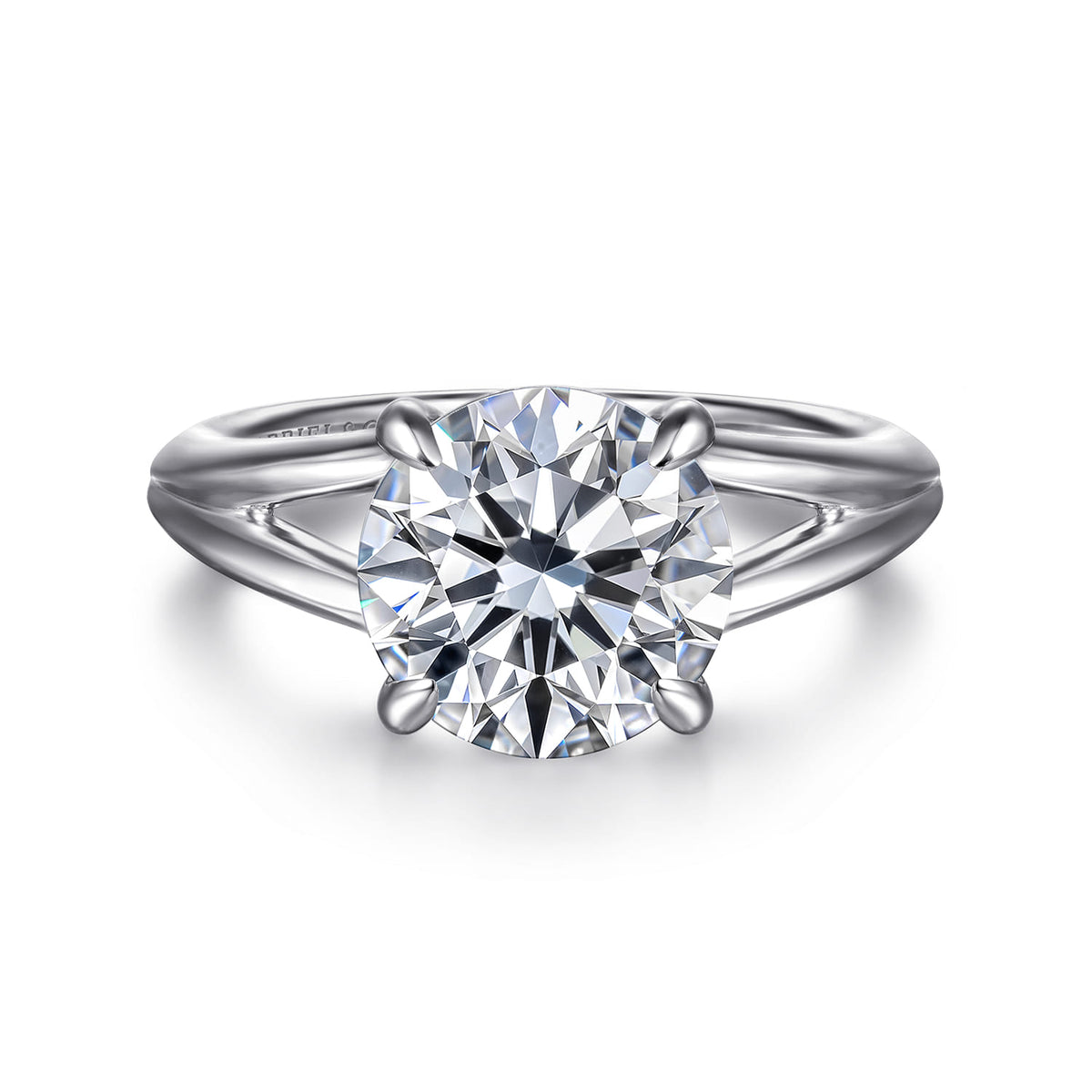 14K White Gold Split Shank Round Diamond Engagement Ring — Gabriel & Co. ER16730R12W4JJJ; center stone shown for illustration, not included