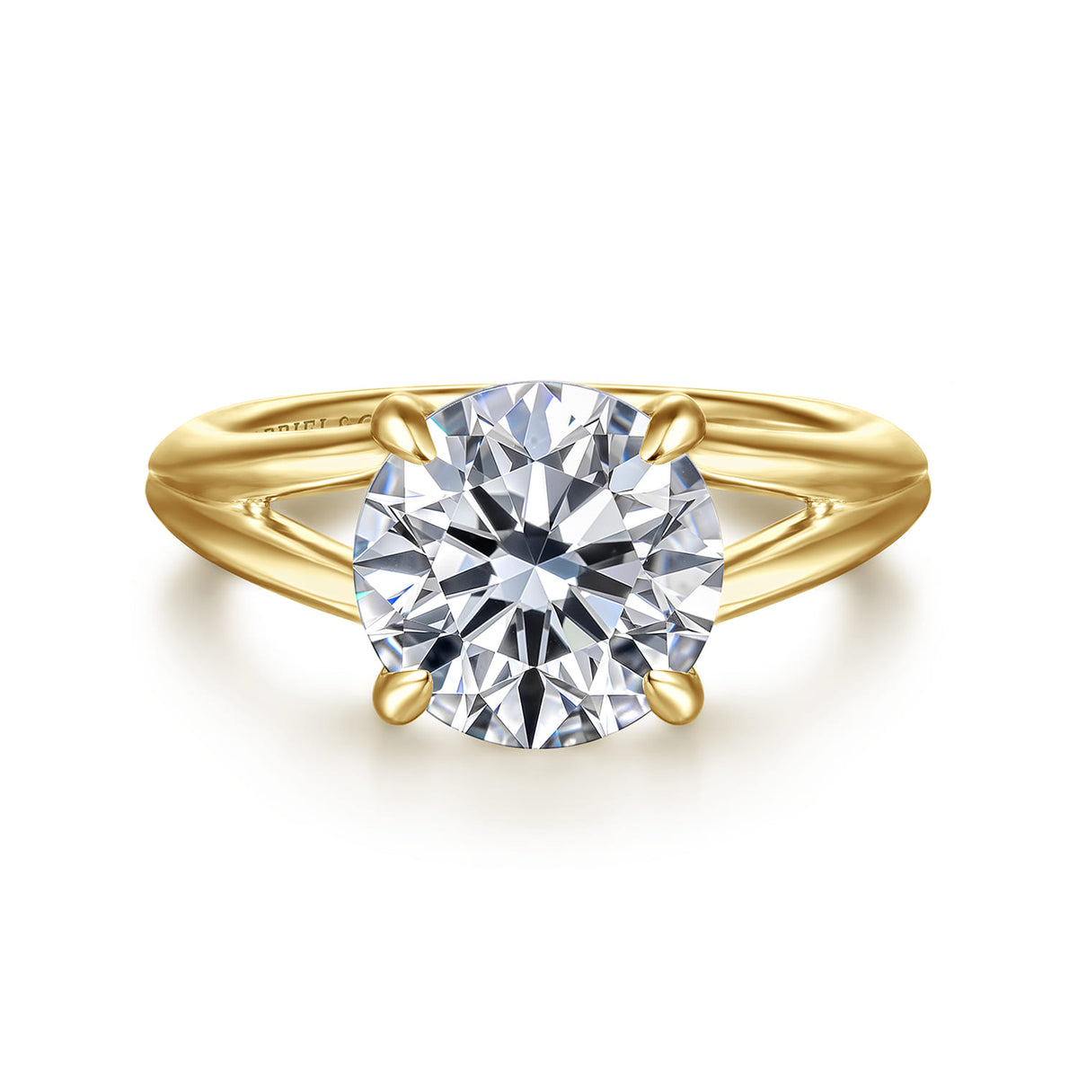 14K Yellow Gold Split Shank Round Diamond Engagement Ring — Gabriel & Co. ER16730R12Y4JJJ; center stone shown for illustration, not included