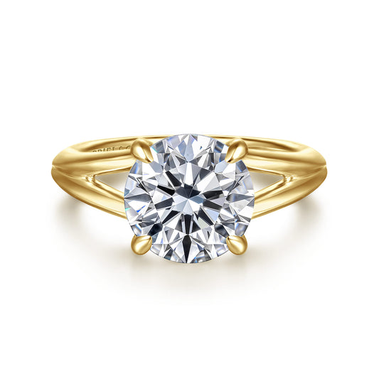 14K Yellow Gold Split Shank Round Diamond Engagement Ring — Gabriel & Co. ER16730R12Y4JJJ; center stone shown for illustration, not included