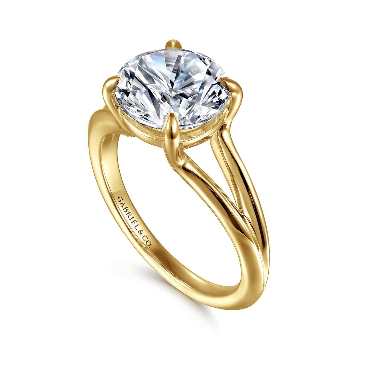 14K Yellow Gold Split Shank Round Diamond Engagement Ring — Gabriel & Co. ER16730R12Y4JJJ; center stone shown for illustration, not included