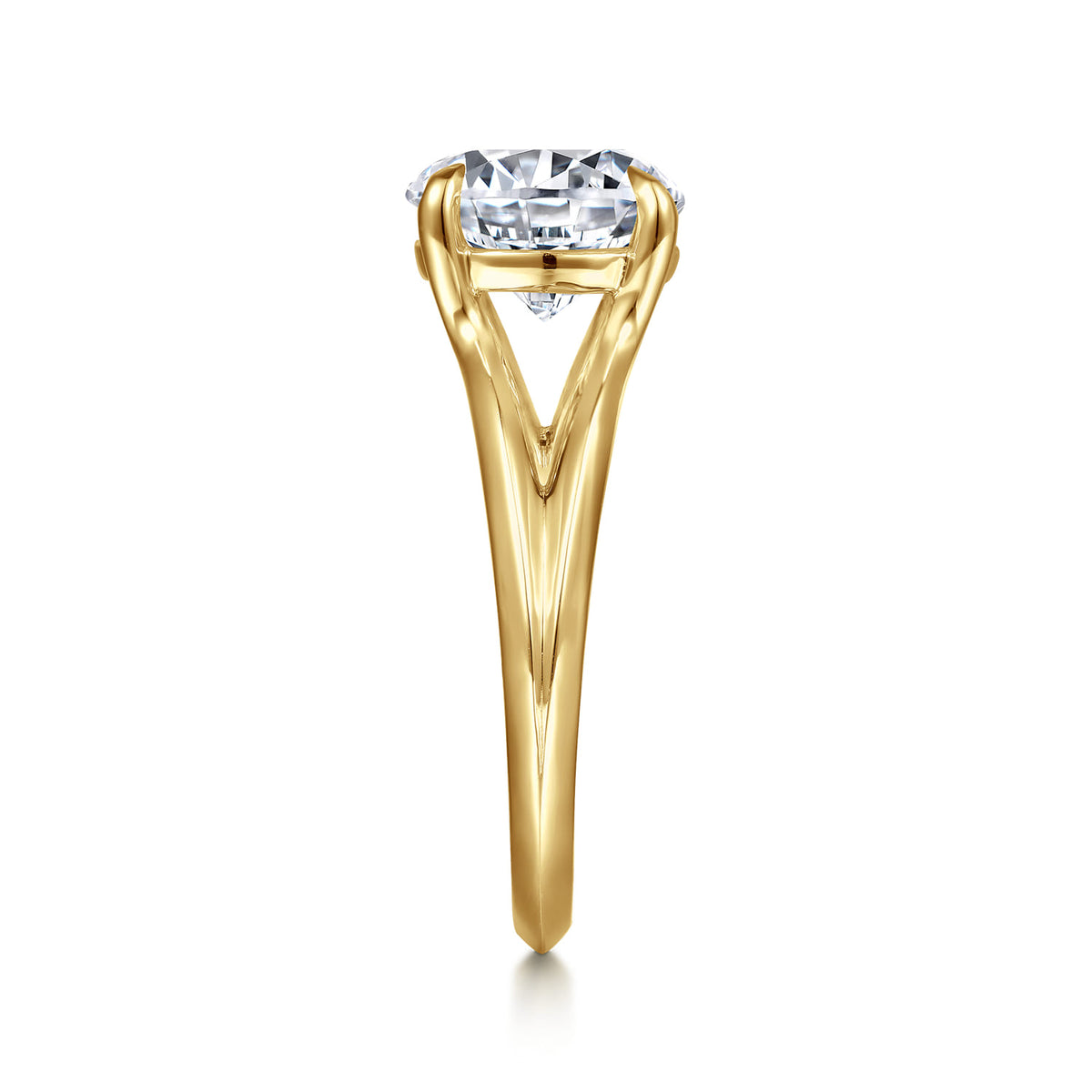 14K Yellow Gold Split Shank Round Diamond Engagement Ring — Gabriel & Co. ER16730R12Y4JJJ; center stone shown for illustration, not included