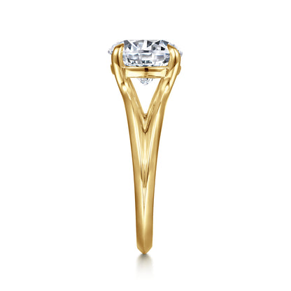 14K Yellow Gold Split Shank Round Diamond Engagement Ring — Gabriel & Co. ER16730R12Y4JJJ; center stone shown for illustration, not included