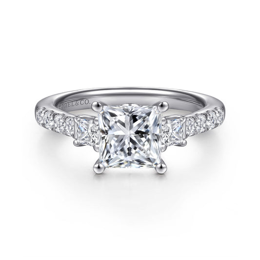 14K White Gold Princess Cut Three Stone Diamond Engagement Ring — Gabriel & Co. ER16741S6W44JJ; center stone shown for illustration, not included