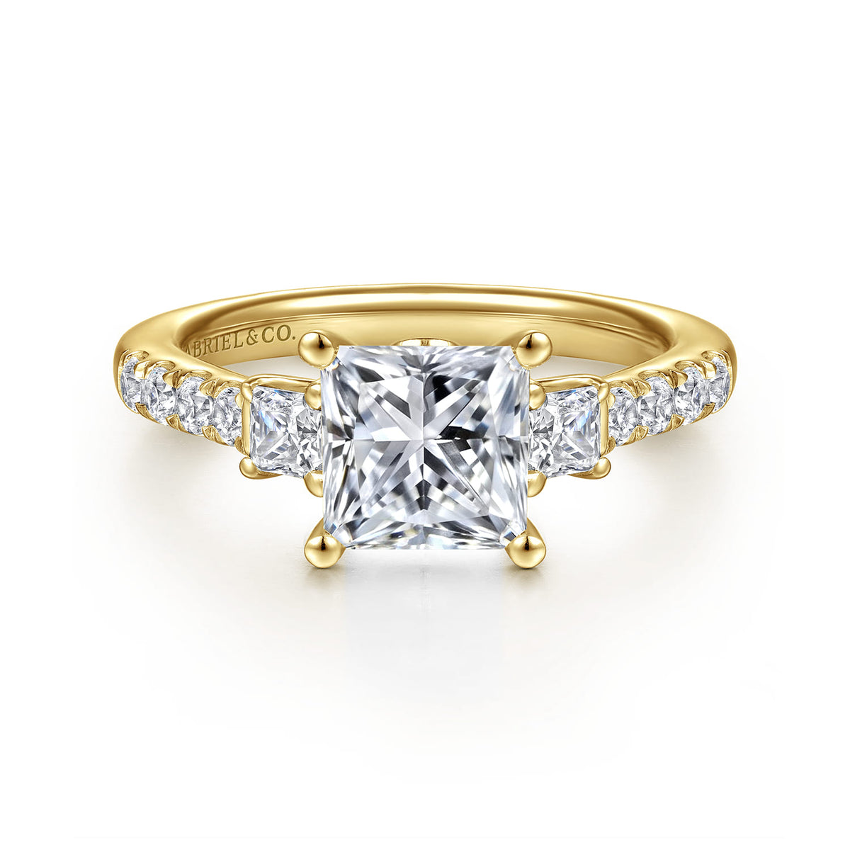 14K Yellow Gold Princess Cut Three Stone Diamond Engagement Ring — Gabriel & Co. ER16741S6Y44JJ; center stone shown for illustration, not included