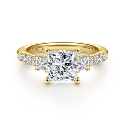14K Yellow Gold Princess Cut Three Stone Diamond Engagement Ring — Gabriel & Co. ER16741S6Y44JJ; center stone shown for illustration, not included