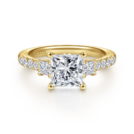 14K Yellow Gold Princess Cut Three Stone Diamond Engagement Ring — Gabriel & Co. ER16741S6Y44JJ; center stone shown for illustration, not included
