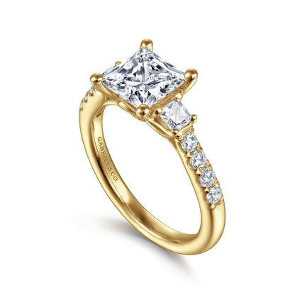 14K Yellow Gold Princess Cut Three Stone Diamond Engagement Ring — Gabriel & Co. ER16741S6Y44JJ; center stone shown for illustration, not included