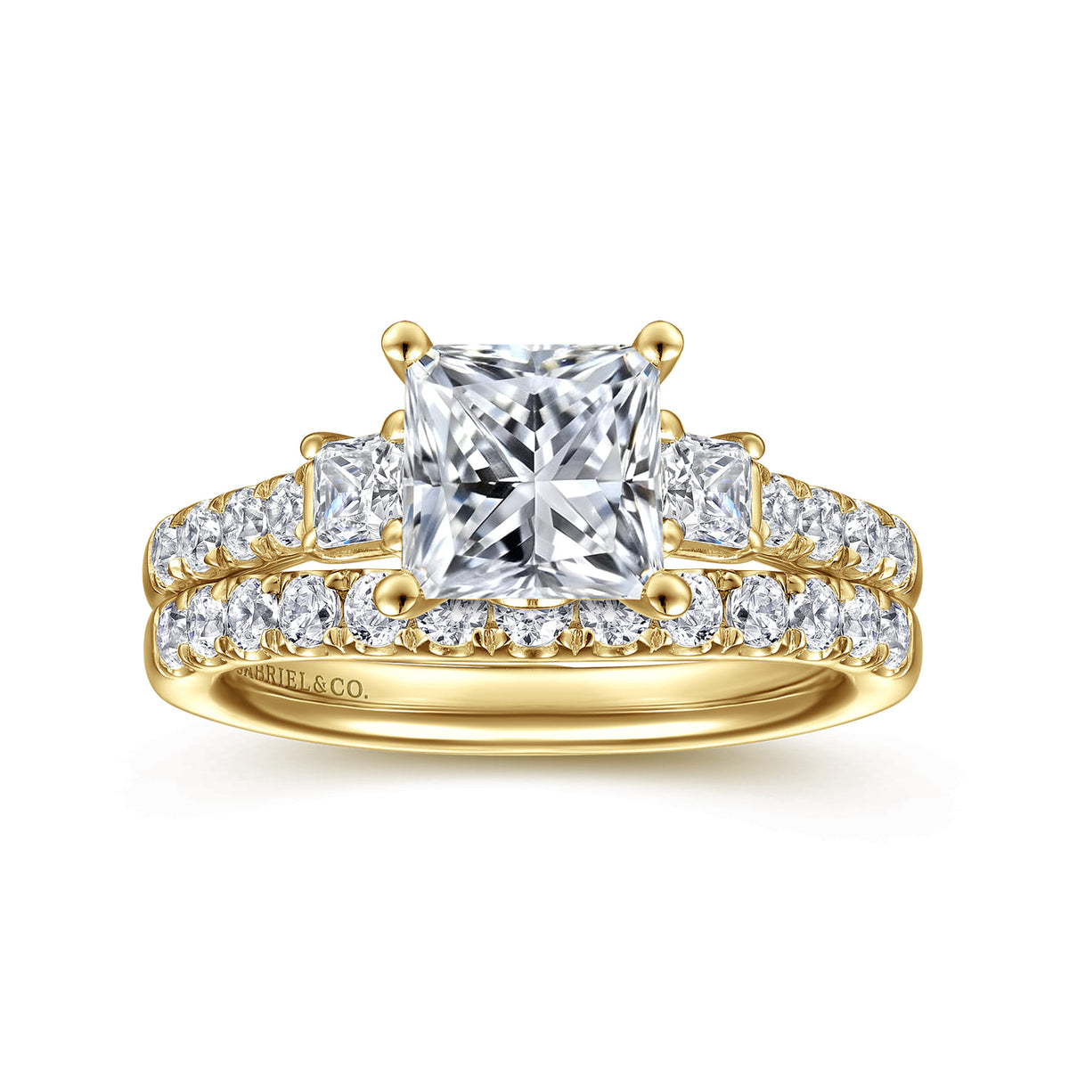14K Yellow Gold Princess Cut Three Stone Diamond Engagement Ring — Gabriel & Co. ER16741S6Y44JJ; center stone shown for illustration, not included