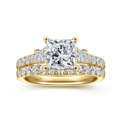 14K Yellow Gold Princess Cut Three Stone Diamond Engagement Ring — Gabriel & Co. ER16741S6Y44JJ; center stone shown for illustration, not included