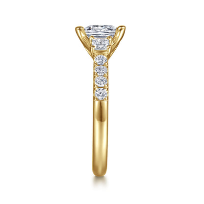 14K Yellow Gold Princess Cut Three Stone Diamond Engagement Ring — Gabriel & Co. ER16741S6Y44JJ; center stone shown for illustration, not included