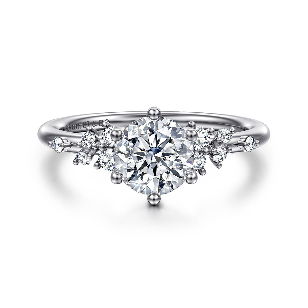 14K White Gold Round Diamond Engagement Ring — Gabriel & Co. ER16777R4W44JJ; center stone shown for illustration, not included