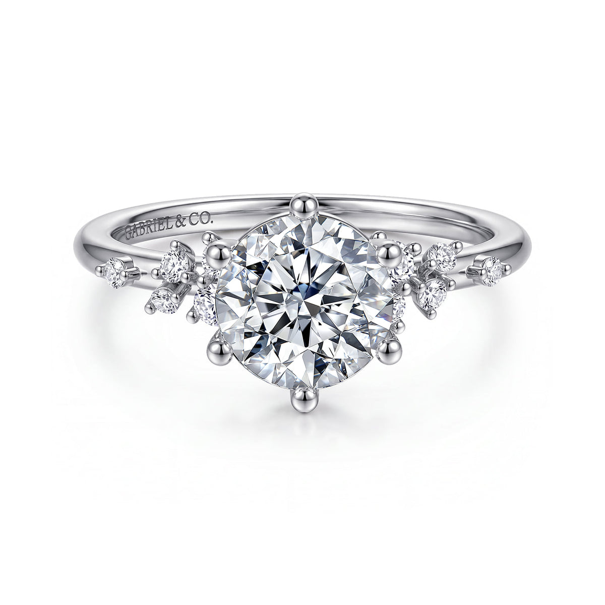 14K White Gold Round Diamond Engagement Ring — ER16777R6W44JJ; center stone shown for illustration, not included