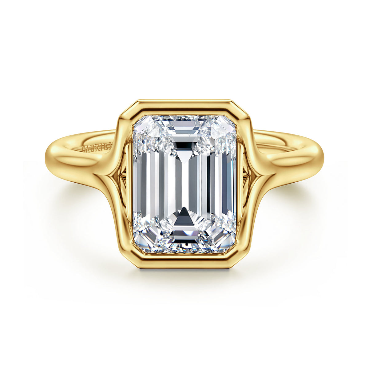 14K Yellow Gold Bezel Set Emerald Cut Solitaire Diamond Engagement Ring — Gabriel & Co. ER16778E12Y4JJJ; center stone shown for illustration, not included