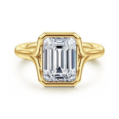 14K Yellow Gold Bezel Set Emerald Cut Solitaire Diamond Engagement Ring — Gabriel & Co. ER16778E12Y4JJJ; center stone shown for illustration, not included