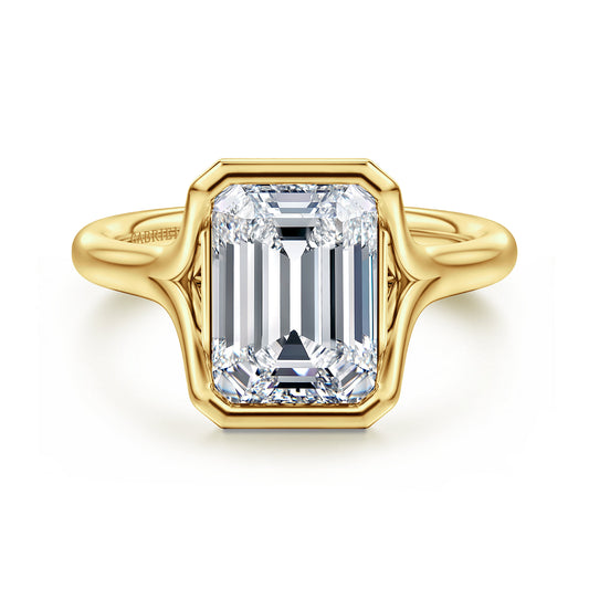 14K Yellow Gold Bezel Set Emerald Cut Solitaire Diamond Engagement Ring — Gabriel & Co. ER16778E12Y4JJJ; center stone shown for illustration, not included