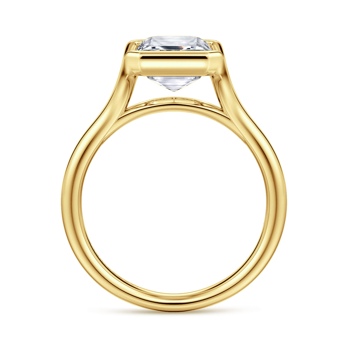 14K Yellow Gold Bezel Set Emerald Cut Solitaire Diamond Engagement Ring — Gabriel & Co. ER16778E12Y4JJJ; center stone shown for illustration, not included