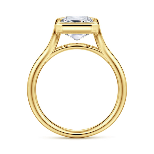 14K Yellow Gold Bezel Set Emerald Cut Solitaire Diamond Engagement Ring — Gabriel & Co. ER16778E12Y4JJJ; center stone shown for illustration, not included