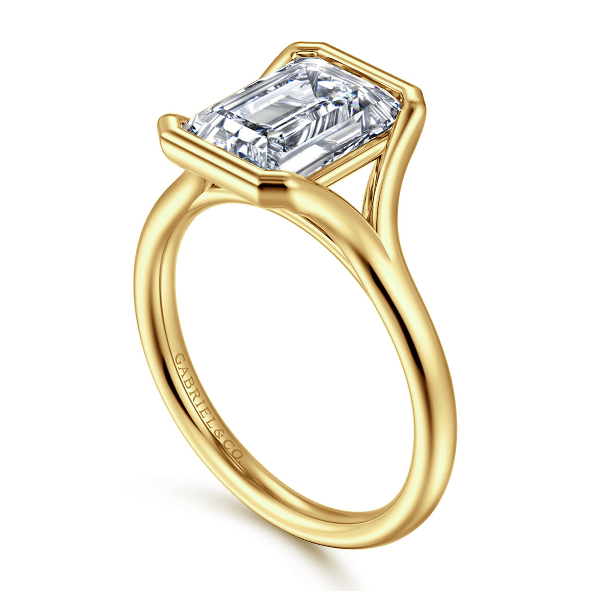14K Yellow Gold Bezel Set Emerald Cut Solitaire Diamond Engagement Ring — Gabriel & Co. ER16778E12Y4JJJ; center stone shown for illustration, not included