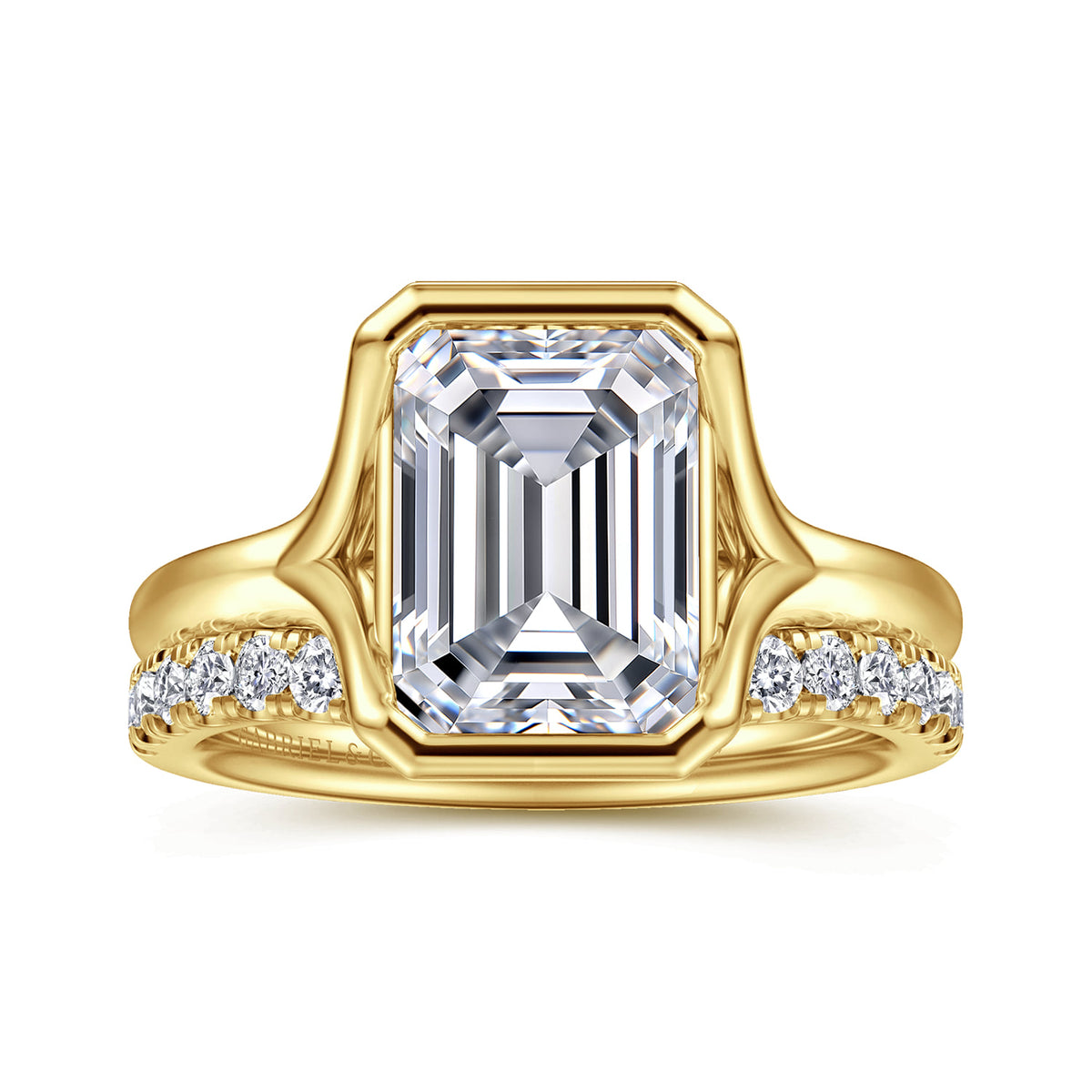 14K Yellow Gold Bezel Set Emerald Cut Solitaire Diamond Engagement Ring — Gabriel & Co. ER16778E12Y4JJJ; center stone shown for illustration, not included
