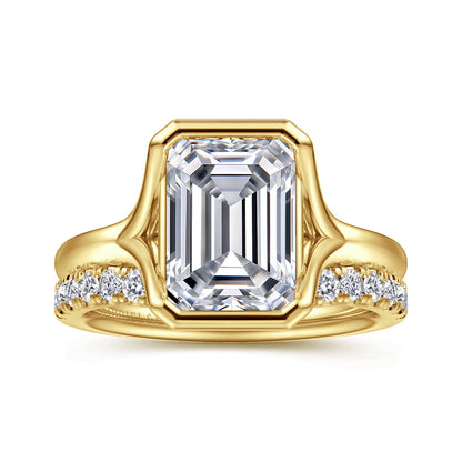 14K Yellow Gold Bezel Set Emerald Cut Solitaire Diamond Engagement Ring — Gabriel & Co. ER16778E12Y4JJJ; center stone shown for illustration, not included