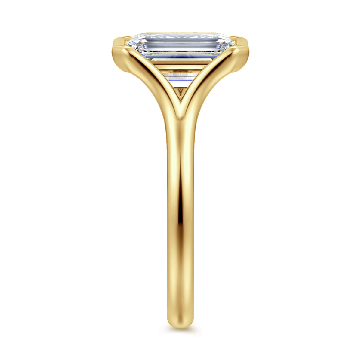 14K Yellow Gold Bezel Set Emerald Cut Solitaire Diamond Engagement Ring — Gabriel & Co. ER16778E12Y4JJJ; center stone shown for illustration, not included